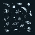 Vector set of hand drawn doodle space object - planet, comet