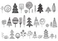 Vector set of hand drawn doodle trees. Illustration Plant icons Forest concept elements. Isolated silhouette nature Royalty Free Stock Photo