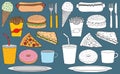 Vector set of hand drawn doodles of snack food and drinks, both colour and white fill, on background Royalty Free Stock Photo