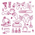 Vector set of hand drawn doodles on the theme of manicure on white background. Sketches for use in design. Hand, nail Royalty Free Stock Photo