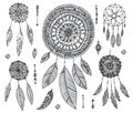 Vector set of hand drawn dream catchers isolated. Doodle lace magic objects. Design elements in Boho style. Lineart Royalty Free Stock Photo