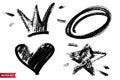 Vector set of hand drawn dry brush symbols. Black charcoal hand drawn crown, heart, star and circle images.