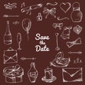 Vector set of hand drawn elements. Doodle love collection. Set of icons for Valentine's Day, Save the Date, wedding objects