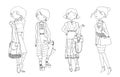 Vector set with hand drawn fashion girls in casual clothes. Summer look, good for young hipster women. Black and white illustratio Royalty Free Stock Photo