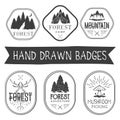 Vector set of hand drawn forest camp labels in vintage style. Logotype template illustration with tree and mountains.