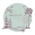 Vector set of hand-drawn forest trees and shrubs