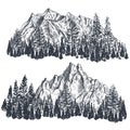 Vector set of hand drawn graphic mountain ranges with pine forest. Royalty Free Stock Photo