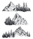 Vector set of hand drawn graphic mountain ranges and pine forest. Royalty Free Stock Photo