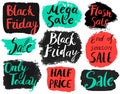 Vector set of hand drawn grunge sale banners, doodle brush lettering promotion banners, tags. Black friday, only today