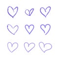 Vector Set of Hand Drawn Hearts, Blue Ballpen Drawings Isolated on White Background, Outline Icons Set.