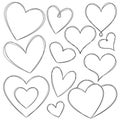 Vector set of hand-drawn hearts with several black lines. Hand drawing rough heart marker isolated on white background