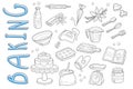 Vector set of hand drawn icons on baking theme. Cooking ingredients and kitchen utensil. Delicious cake and cookies Royalty Free Stock Photo