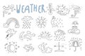 Vector set of hand drawn icons for mobile weather forecast application. Wind, snow, rainbow, rain, thunderstorm