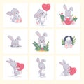 Vector set of hand drawn illustration of cute little baby rabbit with heart shape balloon isolated on background. Royalty Free Stock Photo