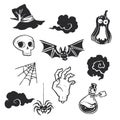 Vector set of hand-drawn illustrations for Halloween stamps. A collection of graphic elements for holiday prints. Skull, bat, Royalty Free Stock Photo