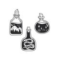 Vector set of hand-drawn illustrations of potions. Collection of stickers with witch accessories in boho style. Magic elixir. Royalty Free Stock Photo