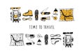 Vector set of hand drawn isolated elements. Hiking gear for camping trips, adventurous backpacking. Backpack, boots, map