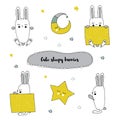 Vector set of hand drawn isolated elements, sleepy bunny in different positions.