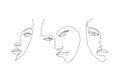 Vector set of hand drawn linear art, woman faces, continuous line, fashion concept, feminine beauty minimalist. Print