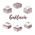 Vector set of hand drawn middle eastern dessert Baklava elements Royalty Free Stock Photo