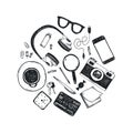 Vector set of hand drawn office tools in circle. Freelance, tools for making business online, entrepreneur. Mock up, top