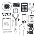 Vector set of hand drawn office tools. Freelance, tools for making business online, entrepreneur.