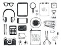 Vector set of hand drawn office tools. Freelance, tools for making business online, entrepreneur. Mock up, top view.
