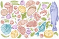 Vector set of hand drawn pastel garlic, cherry tomatoes, peas, fish, shrimp, cabbage, beef, buns and bread, croissants