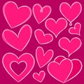 Vector set of hand-drawn pink hearts with white lines. Hand drawing rough heart marker isolated on magenta background