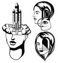 Vector set of hand drawn portraits of girls.