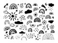 Vector set hand drawn rainbows and sun moon rain