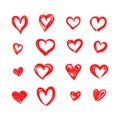 Vector set of hand drawn red hearts isolated on white background, decorative design elements, wedding,. Royalty Free Stock Photo