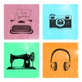 Vector set of hand drawn retro vintage cards with objects Royalty Free Stock Photo