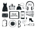 Vector set of hand drawn shopping online objects, illustration, icons. Banner, poster, card
