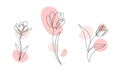 Vector set of hand drawn, single continuous line flowers - tulip, leaves. Art floral elements. Use for t-shirt prints Royalty Free Stock Photo