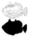 Vector set of hand-drawn sketch-style black outline and silhouette of a sea fish side view . illustration of a Royalty Free Stock Photo