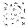 Vector set of hand drawn space object - planet, comet, moon