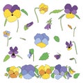 Vector set of hand drawn spring bright colorful pansies flowers with leaves and stems Royalty Free Stock Photo