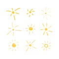 Vector Set of Hand Drawn Suns, Doodle Sun Drawings, Sketch Style Illustrations, Icons Set Isolated, Bright Yellow Color. Royalty Free Stock Photo