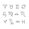 Vector set of hand-drawn symbols of zodiac signs isolated on white. Handwriting elements for horoscope design Royalty Free Stock Photo