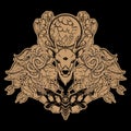 Vector set of hand drawn unique illustration of deer, surreal moth, snakes and moon .