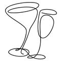 drawn wine and martini glasses on white background. doodle. oneline. isolated