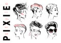 Vector set of hand drawn young beautiful ladies with modern pixie cut in different shapes isolated on white background.