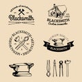 Vector set of hand sketched blacksmith logos. Vector farrier icons collection. Royalty Free Stock Photo