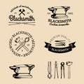 Vector set of hand sketched blacksmith logos. Vintage farrier labels collection. Royalty Free Stock Photo