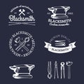 Vector set of hand sketched blacksmith logos. Vintage farrier labels collection.