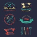 Vector set of hand sketched blacksmith logos. Vintage farrier labels collection. Royalty Free Stock Photo