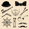 Vector set of hand sketched hipster vintage elements. Retro collection of barber shop equipments, pipe, wheel, hat etc.