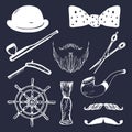 Vector set of hand sketched hipster vintage elements. Retro collection of barber shop equipments, pipe, wheel, hat etc.