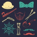 Vector set of hand sketched hipster vintage elements. Retro collection of barber shop equipments, pipe, wheel, hat etc.